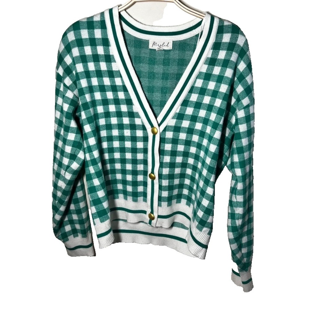 Marled Checkerboard Cardigan Sweater Womens‎ M Green White Button Up Preppy